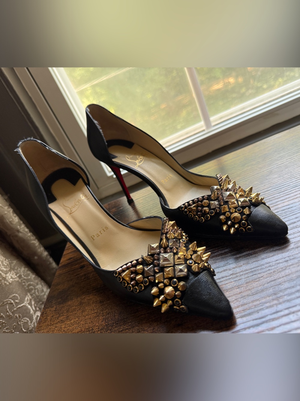 Christian Louboutin Black Leather Pointed Toe Pumps with Gold Studs